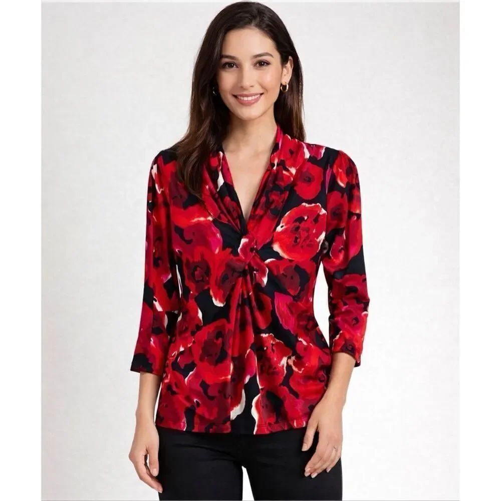 Josephine Studio Petite Small Red Black Floral Twist Front V-Neck Blouse